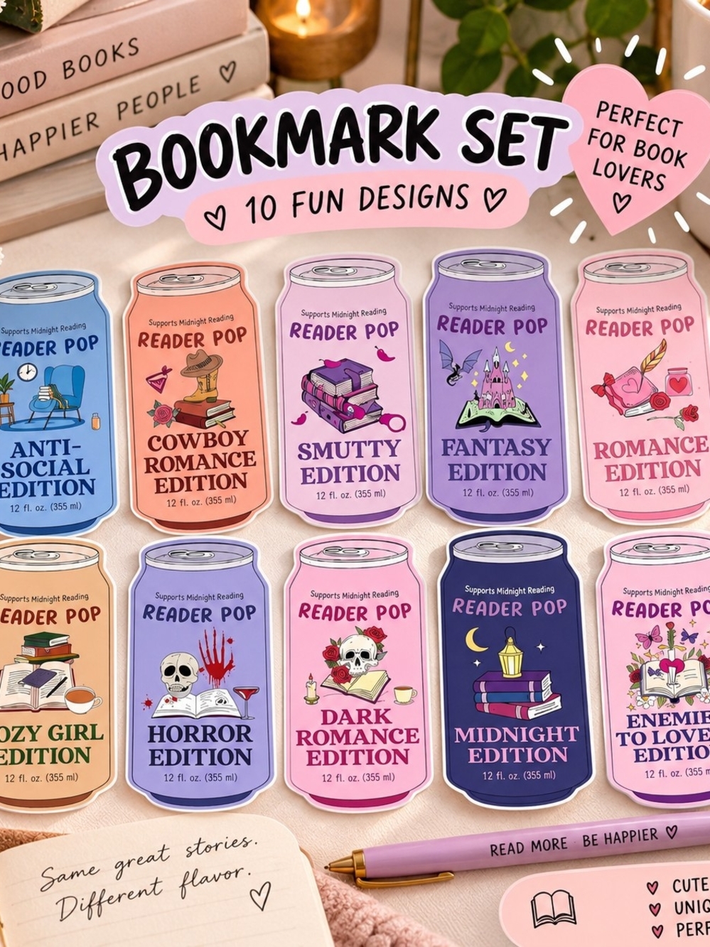 Halloween Soda Pop Can Bookmark Set - Cute 10-Pack!! 10 Different Designs!!
